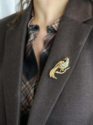 Broche Broche oiseau vintage or jaune saphir turquoise diamant 58 Facettes 1090.5