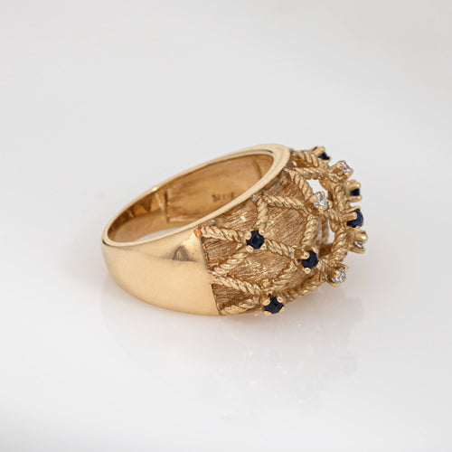 Bague Bague vintage en or 14 carats, sertie de saphirs et de diamants, motif panier tressé, taille 7. Bijou à anneau bombé. 58 Facettes G13928