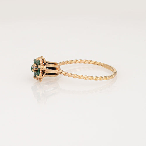 Bague tulipe vintage en or jaune 14 carats avec diamants et émeraude, taille 5,5