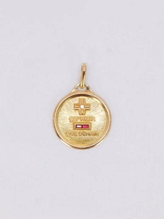 AUGIS - Médaille amour ronde Plus qu'hier moins que demain or jaune, diamant, rubis