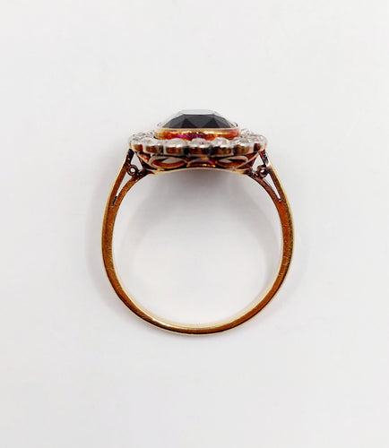 Bague pompadour art deco or 18k pierre bleue et diamant taille rose (circa 1900)