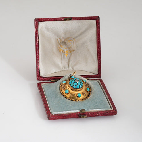 Pendentif Médaillon ancien victorien en or jaune, diamants et turquoise 58 Facettes G14149