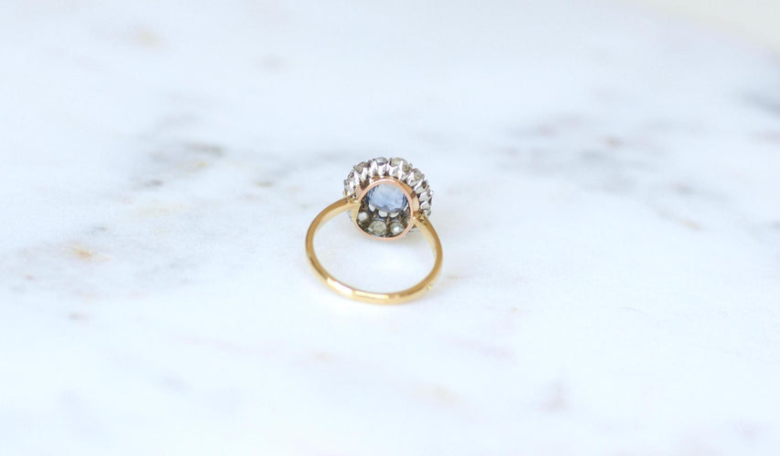 Bague 55 Bague Marguerite ancienne Saphir de Ceylan 1,50 Ct et Diamants 58 Facettes