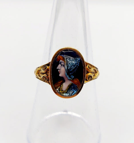 Bague 56.5 Bague Art nouveau Limoges en or 18k, plaque émaillée profil féminin circa 1910 58 Facettes A06400