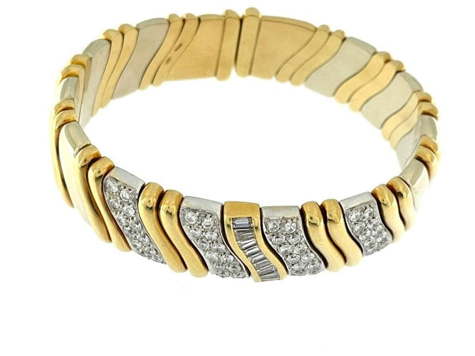 Bracelet italien manchette or jaune et or blanc avec diamants