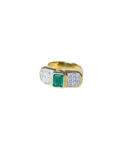 Bague 56 Bague vintage émeraude rectangulaire 1,00 ct et diamants en or jaune et blanc 18k 58 Facettes