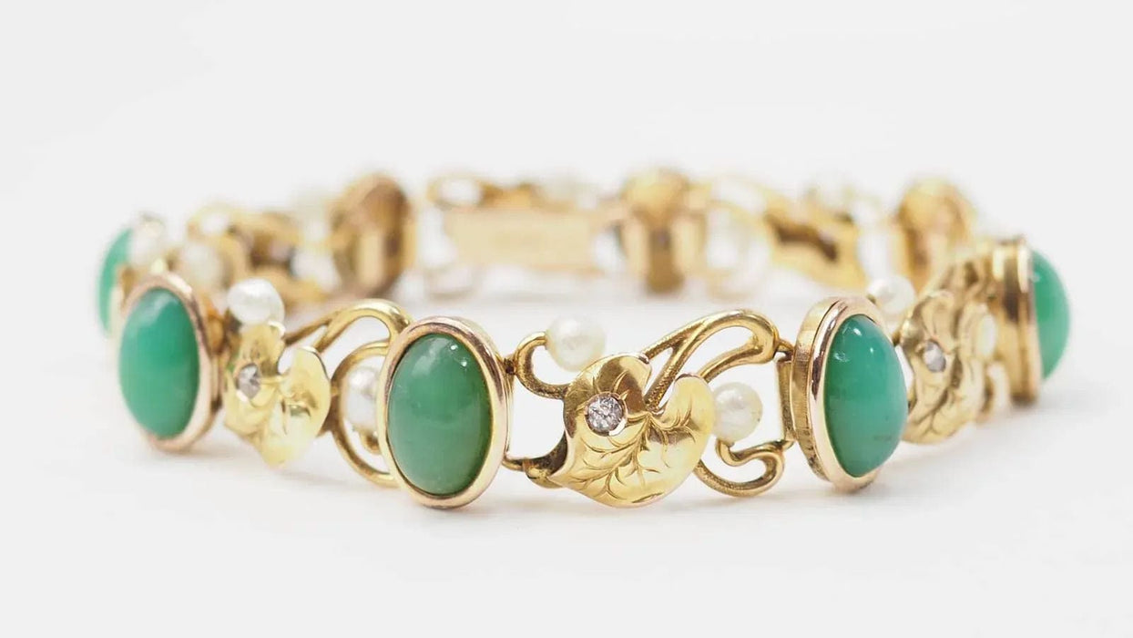 Bracelet Bracelet or jaune chrysoprases diamants et perles fines 58 Facettes 32781