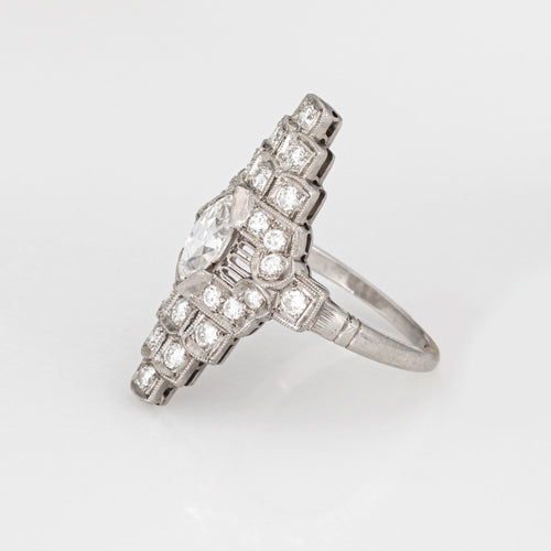 Bague 49 Bague de cocktail vintage Art déco en diamants, platine, navette, fine 58 Facettes G14077