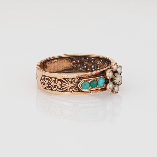 Bague Bague victorienne antique avec perles turquoise et anneau vintage en or rose 14 carats, taille 7 58 Facettes G13979