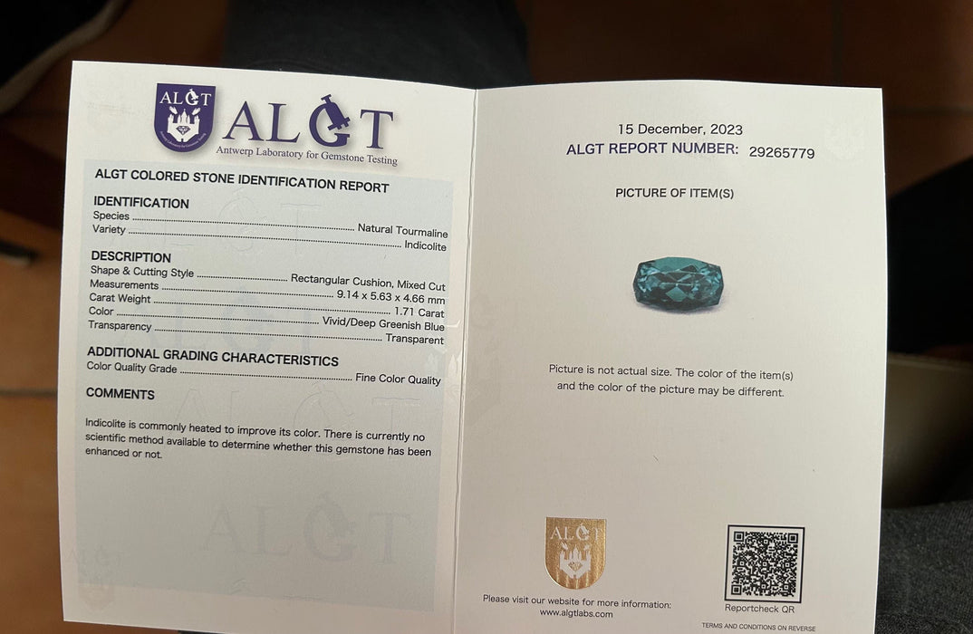 Gemstone Tourmaline bleue 1.71cts certificat ALGT 58 Facettes 425