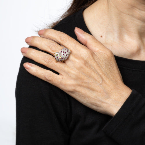 Bague Bague léopard vintage en or jaune 18 carats, taille 7, sertie de diamants, rubis et émeraudes aux yeux d'animaux. 58 Facettes G14000