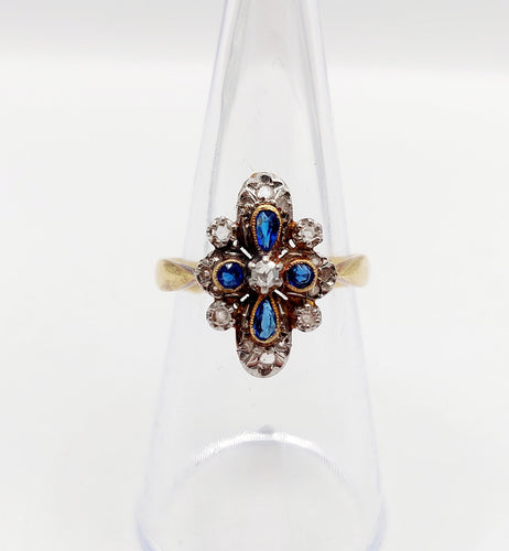 Bague 55 Bague duchesse antique diamants taille roses et pierres bleues en or 18k et platine 58 Facettes A06416