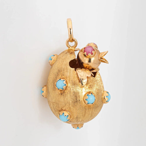 Pendentif Pendentif vintage en forme de poussin éclosant d'un œuf, grand modèle, turquoise, années 60 58 Facettes G13151
