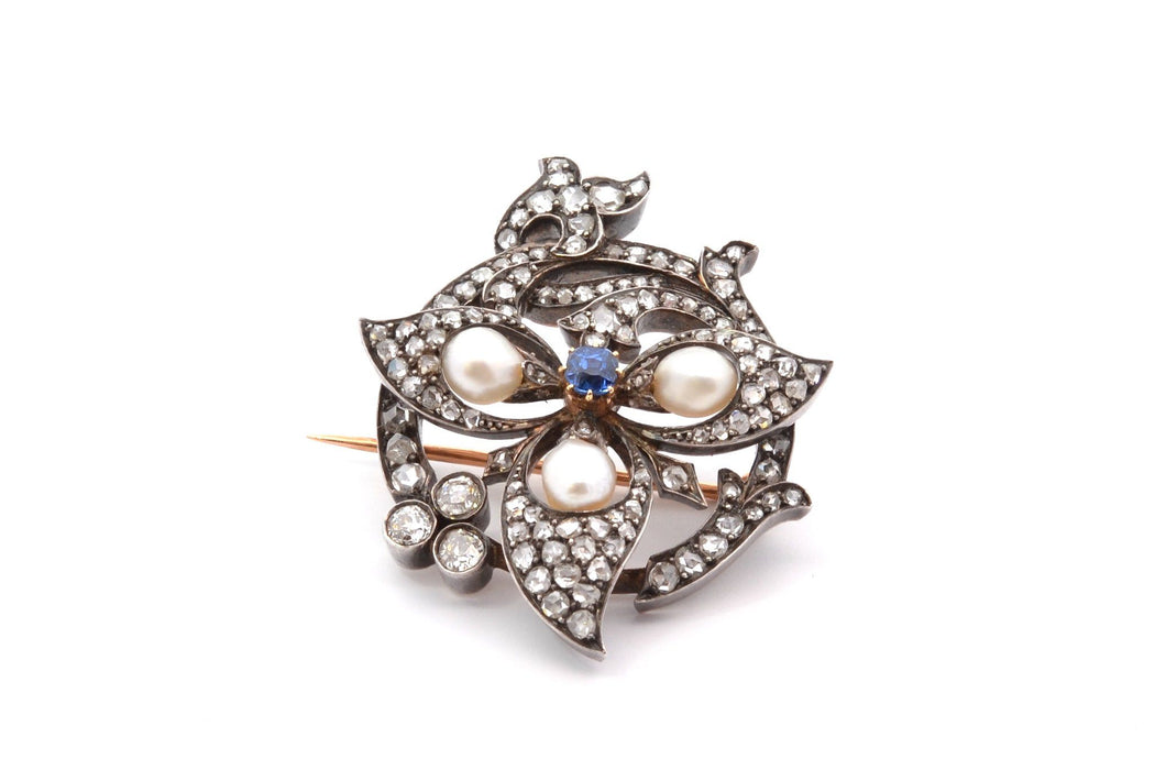 Broche 1900 or jaune et blanc perles fines, saphir et diamants