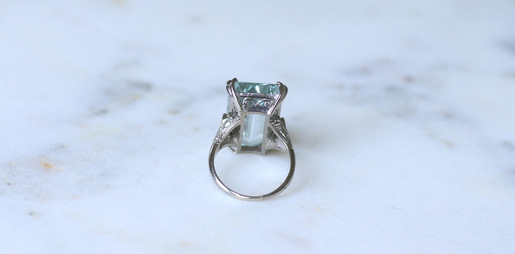 Bague 53 Bague Cocktail Art Déco platine, aigue-marine & diamants 58 Facettes