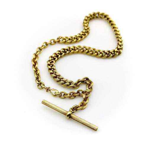Montre Collier chaîne de montre de poche victorienne en or 14 carats avec barre en T 58 Facettes