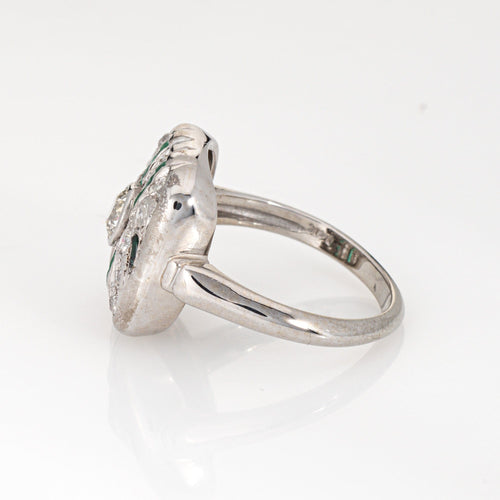 Bague 57 Bague Art Déco vintage en or blanc avec diamants et émeraude 58 Facettes G13914