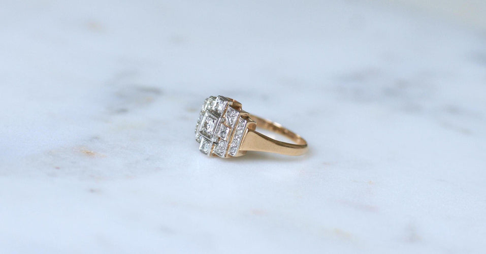 Bague 62 Bague Art Déco Tank Escalier or rose, platine, diamants 58 Facettes