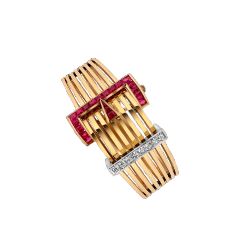 Bracelet Bracelet Art Déco portugais en or avec boucle de ceinture ornée de rubis et de diamants, vers 1920-1935. 58 Facettes A3