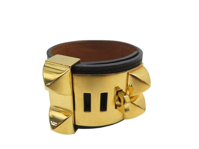 Collier bracelet HERMES collier de chien medor cdc 16cm cuir swift noir metal dore 58 Facettes 268024