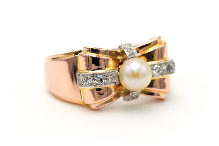 Bague 55 Bague Art Déco - Bague en or jaune 18 carats, perle et diamants 0,24 ct 58 Facettes 23300