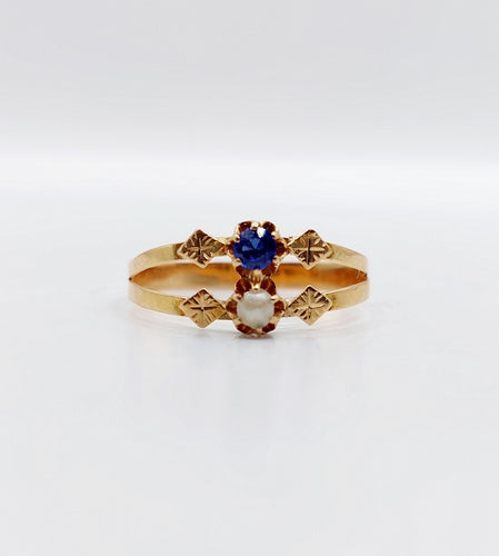 Bague 57 Bague toi et moi antique en or rose 18k perle et pierre bleue 58 Facettes A06504