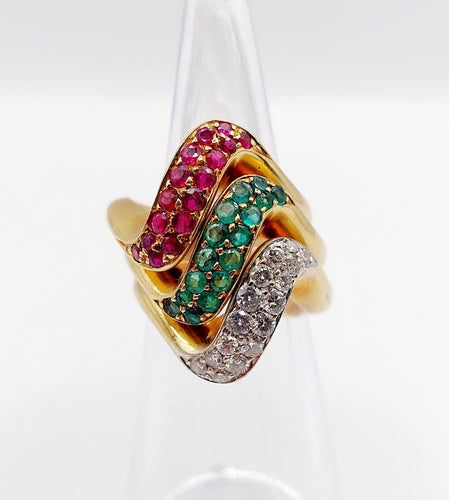 Bague 49 Trilogie de Bagues jonc vintage or ornée d'un pavé diamants, émeraude et rubis 58 Facettes A04056-7-8