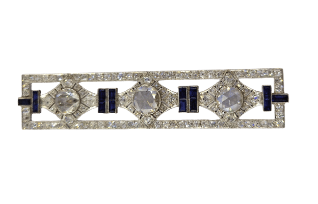 Broche Broche Art Déco en platine avec diamants taille rose et saphirs calibrés 58 Facettes