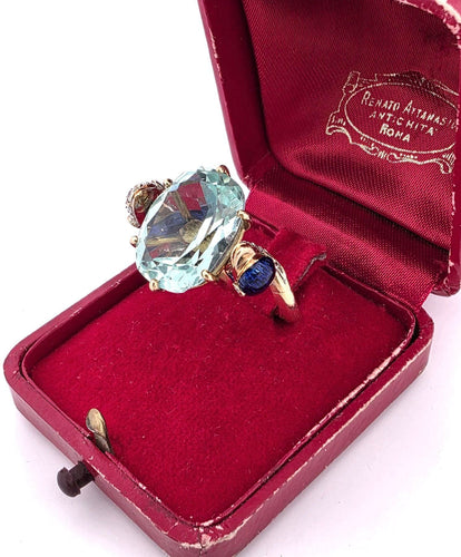 Bague 50 Bague vintage des années 1940/50 en or jaune massif, ornée d'aigue-marine, de diamants et d'émail. 58 Facettes