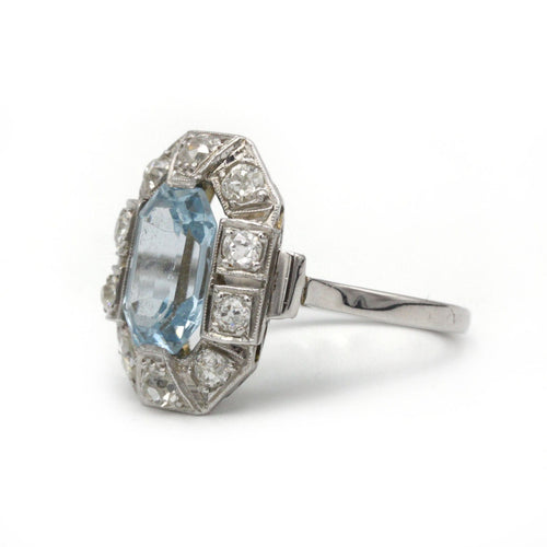 Bague 55 Bague Art-Déco - Platine - Aigue Marine et diamants 58 Facettes 1215