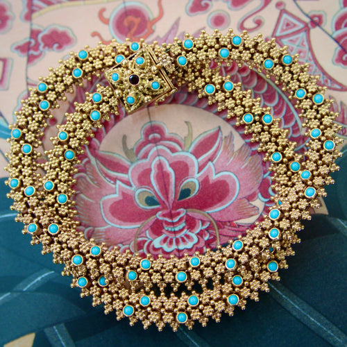 Collier Collier portugais en or 19,2 carats et turquoise de style néo-étrusque 58 Facettes