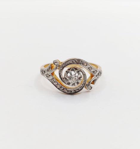 Bague 56 Bague tourbillon antique en or 18k et platine, diamant taille ancienne et diamants roses 58 Facettes A06434