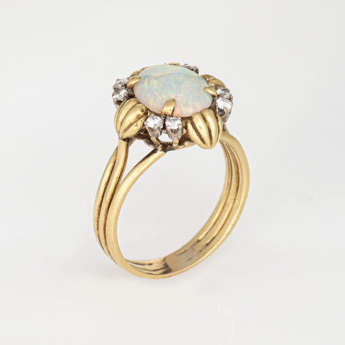 Bague Bague vintage en or jaune 18 carats avec opale et diamants, style années 70, taille 7,25, bijou de cocktail 58 Facettes G13863