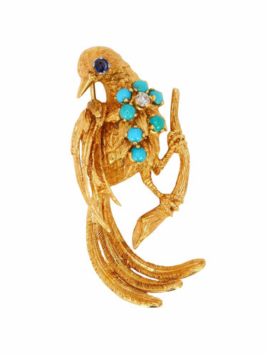 Broche Broche oiseau vintage or jaune saphir turquoise diamant 58 Facettes 1090.5