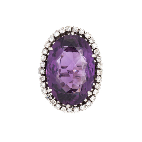 Bague 50 Bague en or blanc avec améthyste et diamant du milieu du siècle 58 Facettes G13978