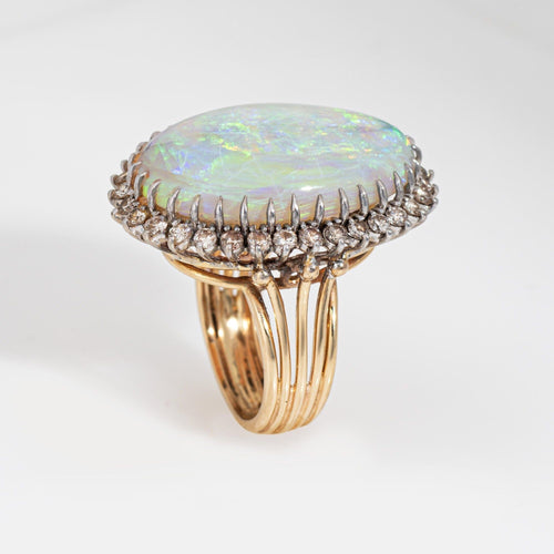 Bague Bague vintage en or jaune 14 carats avec opale et diamants, taille 5,5, ovale, bijou de cocktail 58 Facettes G13942