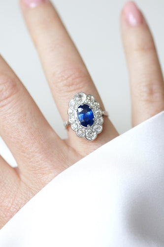 Bague 53 Bague Marguerite Art Déco en Or Blanc, Platine, Saphir Ceylan et Diamants 58 Facettes