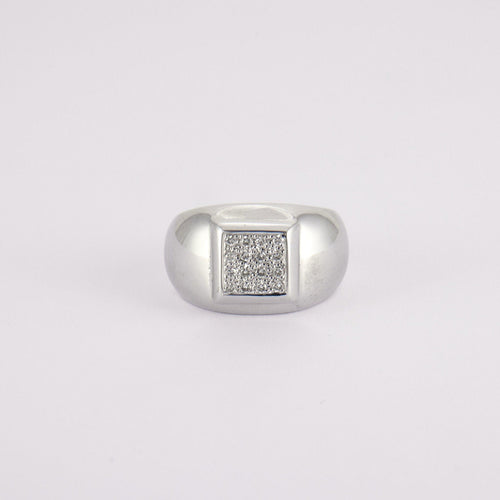 Bague CHEVALIERE FORME CARREE PAVAGE DIAMANTS OR GRIS 18K 58 Facettes