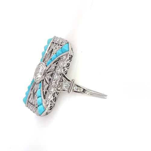Bague 55 Platinum Art Déco Style Diamond Turquoise Ring 58 Facettes