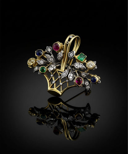 Spilla-Ciondolo a Bouquet con Diamanti e Pietre Preziose 58 Facettes