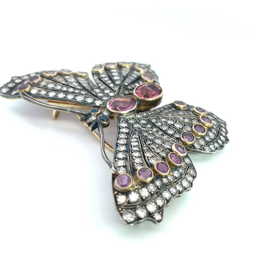 Broche Broche papillon en argent et or jaune, diamant et tourmaline 58 Facettes 12345