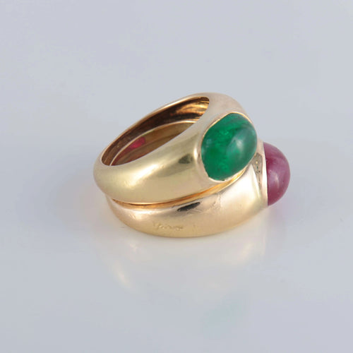 Bague Poiray - Bague Double jonc Emeraude Rubis cabochons 58 Facettes 1