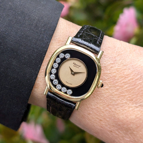 Montre Chopard Happy Diamonds Onyx Dial 18k Gold 10 Diamonds 5089 5 Cushion Coussin Jewelry 58 Facettes