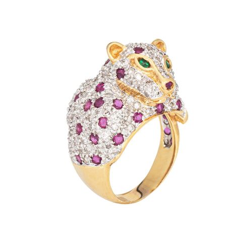 Bague Bague léopard vintage en or jaune 18 carats, taille 7, sertie de diamants, rubis et émeraudes aux yeux d'animaux. 58 Facettes G14000