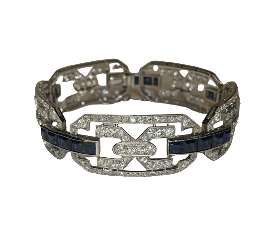 Bracelet articulé art déco platine, or, diamants, saphirs