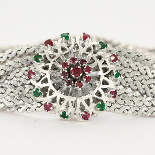 Bracelet Bracelet Ancien Or Blanc 14K Rubis et Emeraudes 58 Facettes