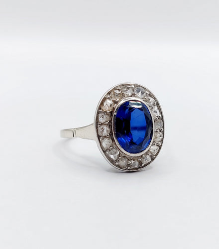 Bague 56 Bague pompadour or blanc et platine, saphir, diamants taille rose (circa 1910) 58 Facettes A04541