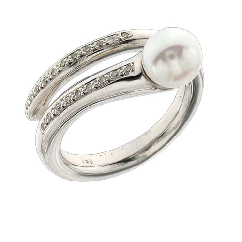 Bague 56 Bague en or blanc, perle d'Akoya 7-7 1/2 mm, diamants naturels 58 Facettes AG-20X1535