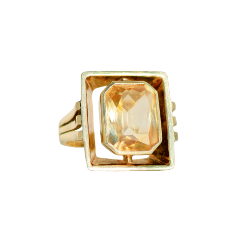 Bague 53 Bague vintage en or jaune avec une grande citrine – motif architectural 58 Facettes