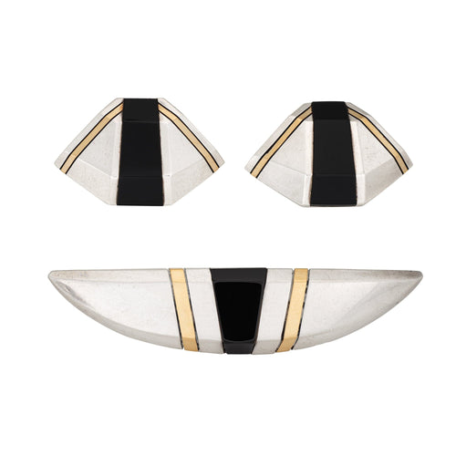 Ensemble Cartier vintage années 70, boucles d'oreilles et broche en argent massif et or 18 carats, signé.